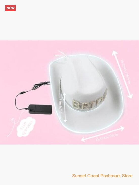 LED Light Up Bride Cowgirl Hat with Adjustable Chin Strap main image 2